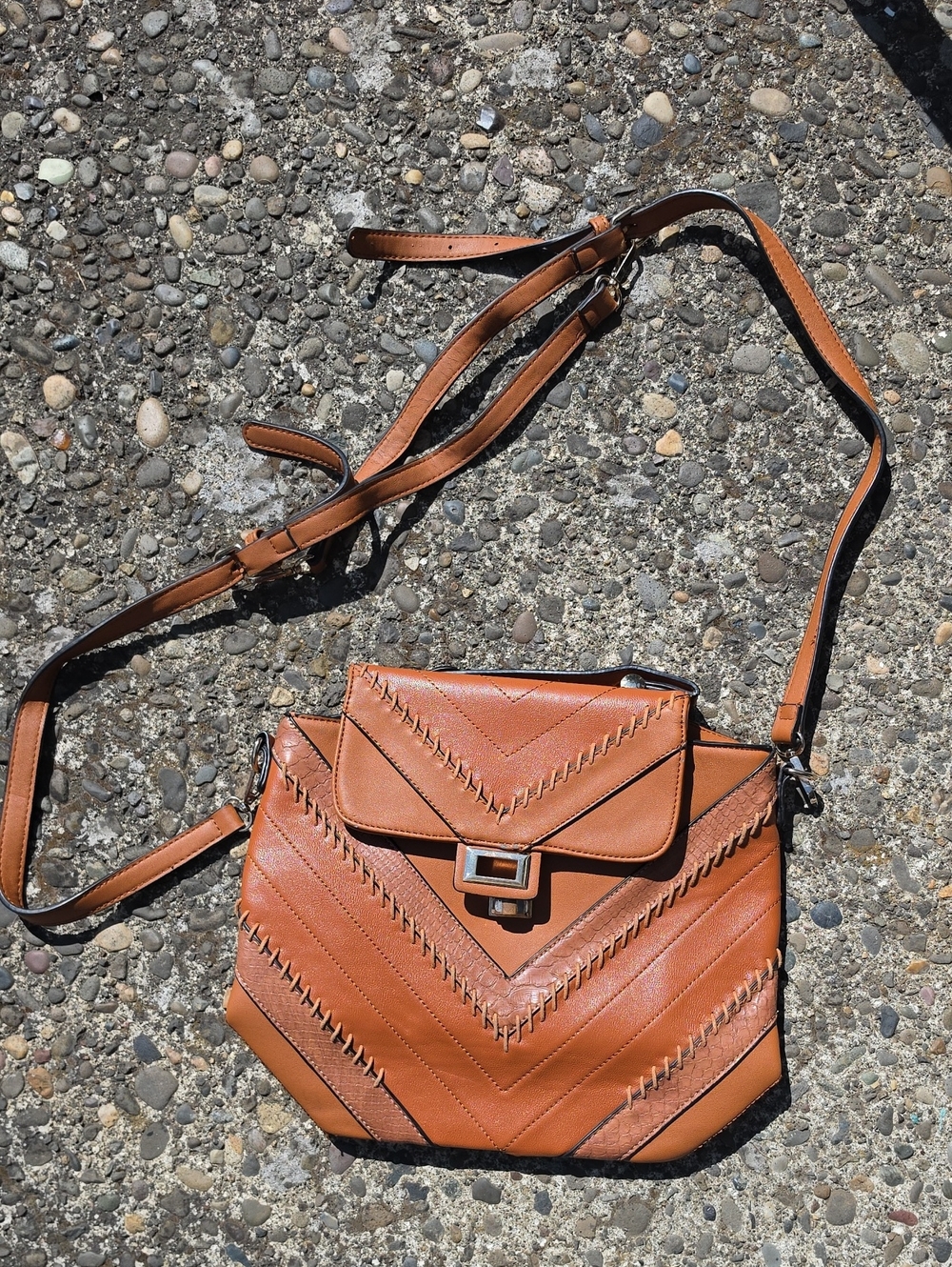 Leather-Effect Tan Chevron Crossbody Bag with Buckle Accent